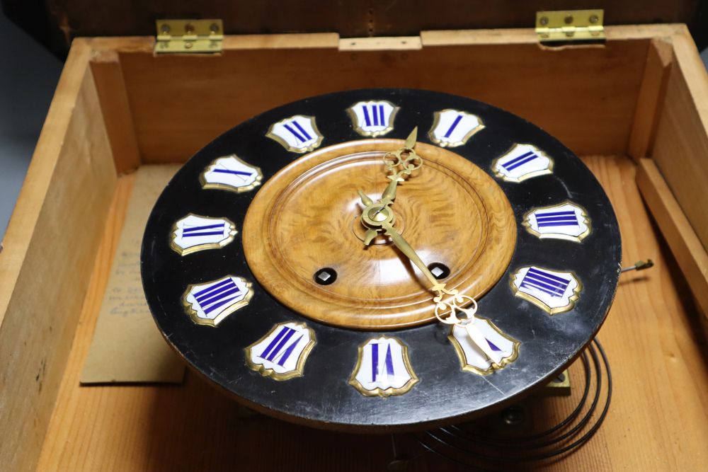 A French inlaid wall clock, spring-driven gong-striking movement, with pendulum, 50cm sq.